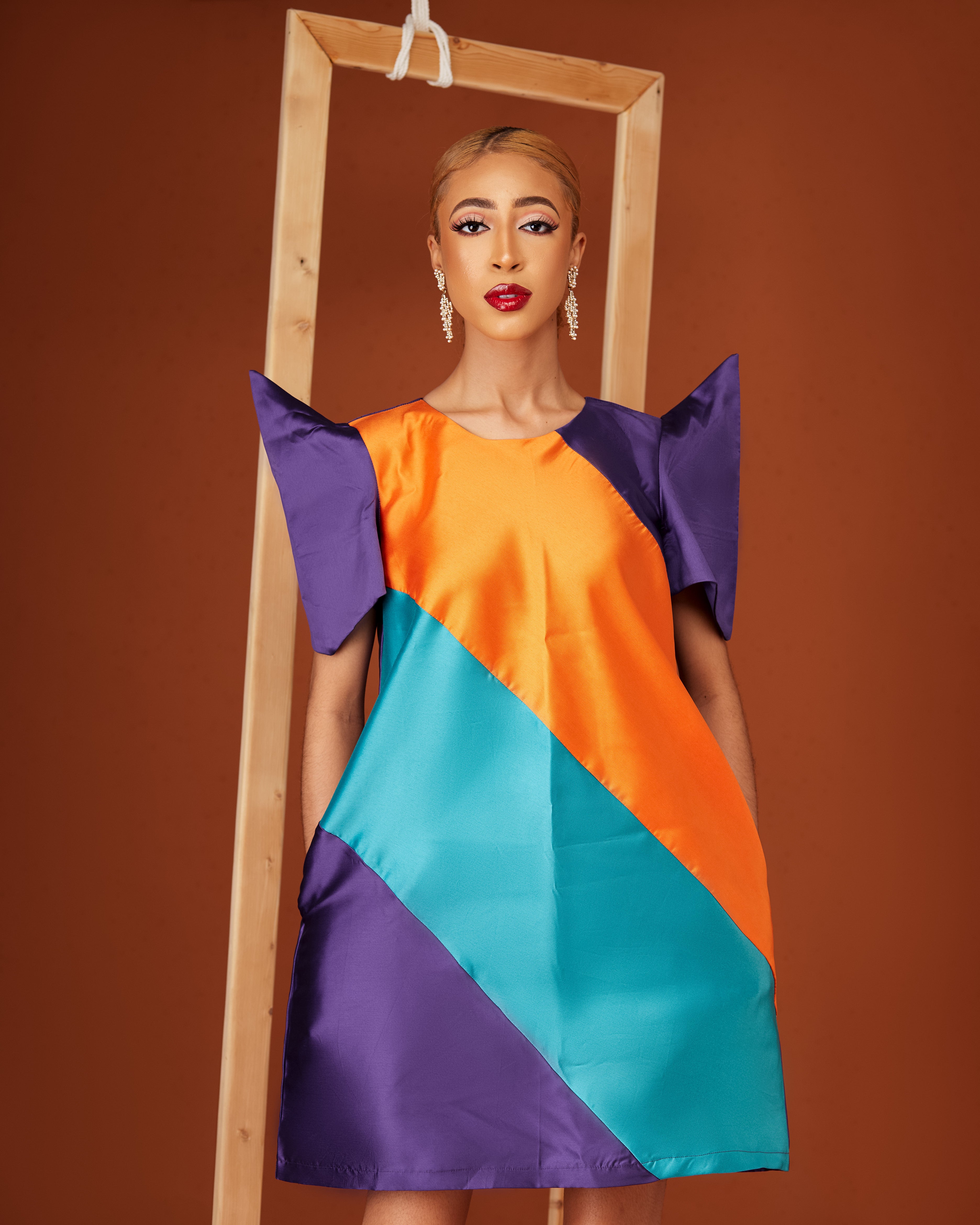 The Banner Color block Shift Dress- Teal|Orange - Main Image