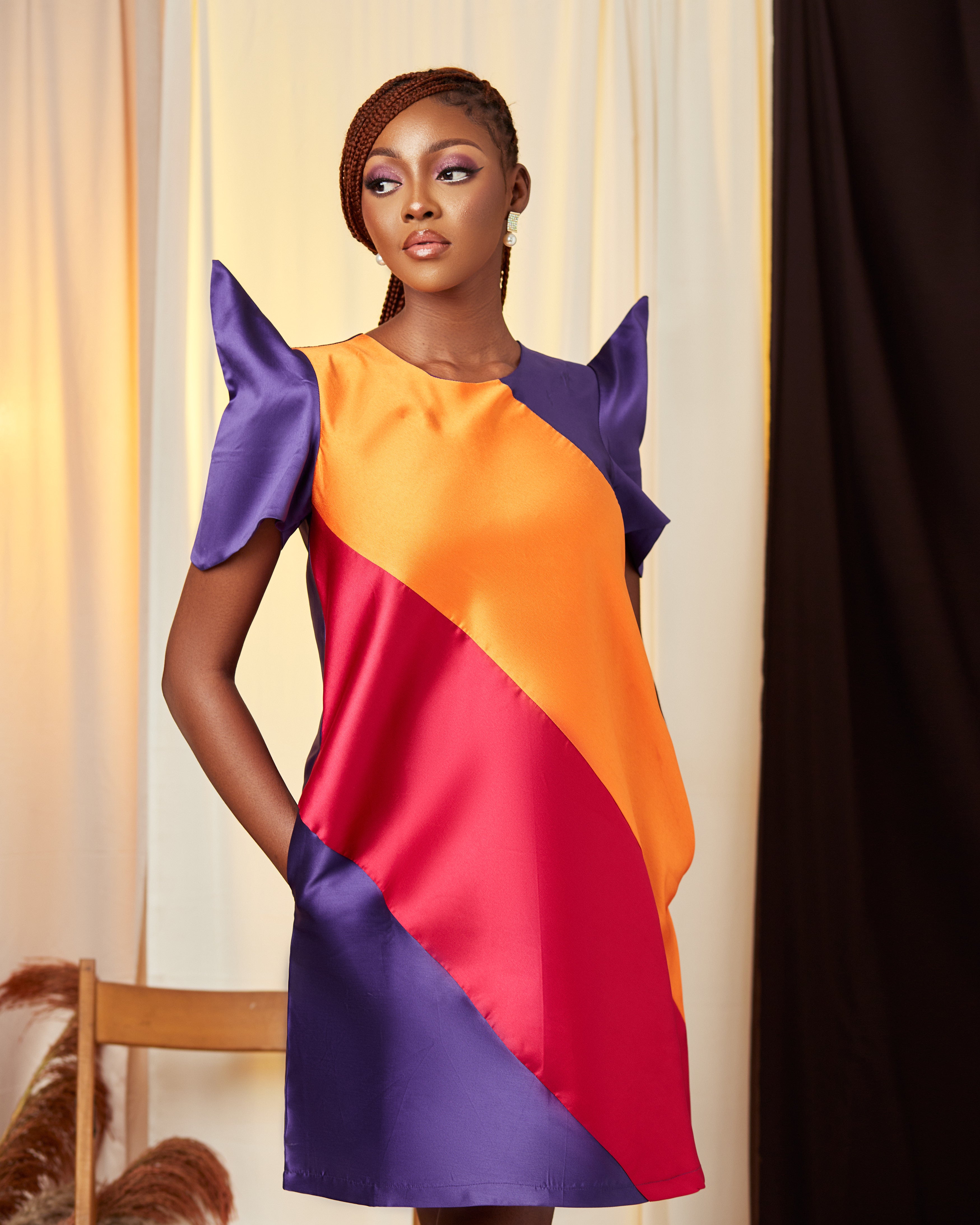 orange and purple color block dress Mod Colorblock Purple Sleeveless Orange, Retro Mini, Fall Outfit, 70s Rainbow Turtleneck Dresses Colorchrome, Women's Made to Measure